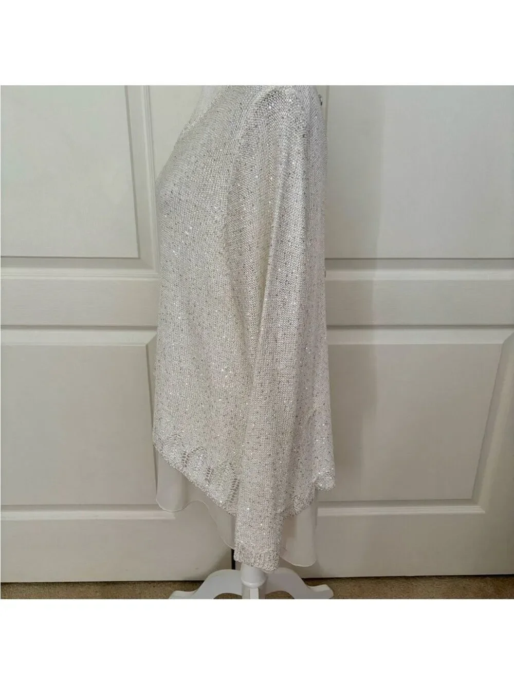 Sioni Winter White Sparkle Sweater XL – Hi-Lo Hem, Chiffon Lining, Rhinestone